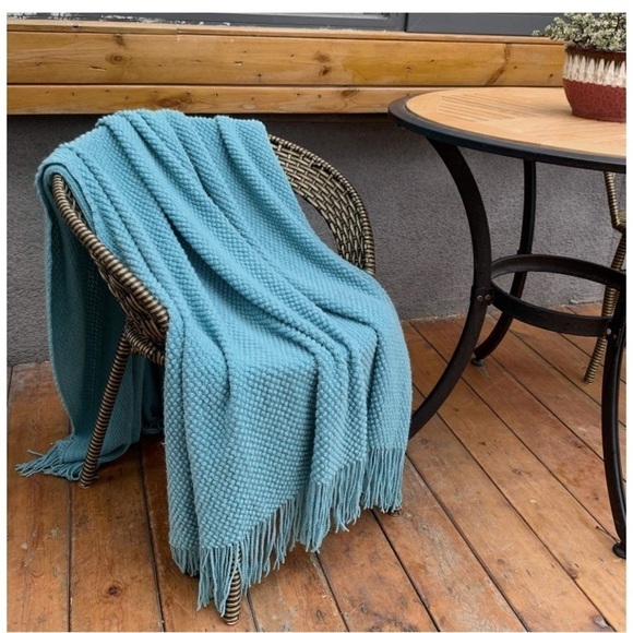 Light Sky Blue Textured Minimal Cozy Knit Pattern Fringe Tassel Couch Blanket - Picture 3 of 16